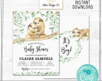 Baby Shower Invite, Sloth Safari Design With Editable Text, Digital Or Printed