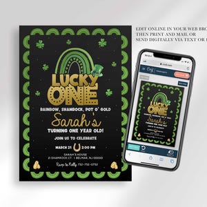 Phone-mockup graphic beside the invitation design showing the corjl.com editor open on a smartphone, with text "EDIT ONLINE IN YOUR WEB BROWSER, THEN PRINT AND MAIL OR SEND DIGITALLY VIA TEXT OR EMAIL!"