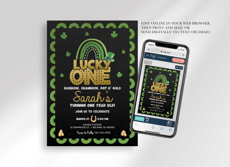 Phone-mockup graphic beside the invitation design showing the corjl.com editor open on a smartphone, with text "EDIT ONLINE IN YOUR WEB BROWSER, THEN PRINT AND MAIL OR SEND DIGITALLY VIA TEXT OR EMAIL!"
