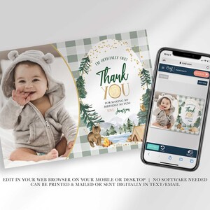 An explainer graphic reading "edit in your web browser on your mobile or desktop, no software needed, can be printed & mailed or sent digitally in text/email" with Jameson's thank you card shown on a smartphone screen.