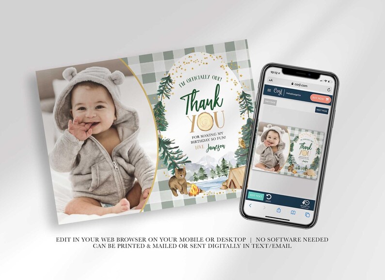 An explainer graphic reading "edit in your web browser on your mobile or desktop, no software needed, can be printed & mailed or sent digitally in text/email" with Jameson's thank you card shown on a smartphone screen.