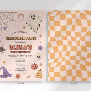 Front and back view of the invitation: the front shows the Halloween-themed party details, and the back shows a wavy orange and cream checkerboard pattern.