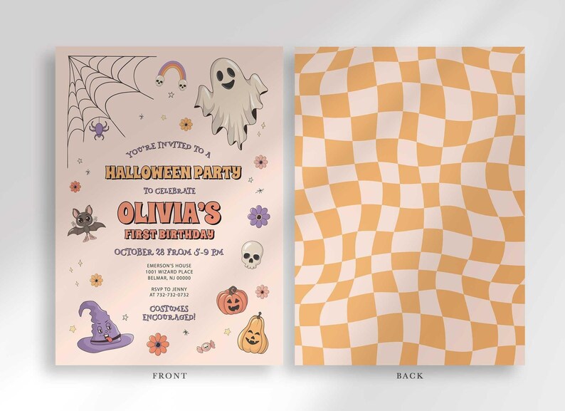 Front and back view of the invitation: the front shows the Halloween-themed party details, and the back shows a wavy orange and cream checkerboard pattern.