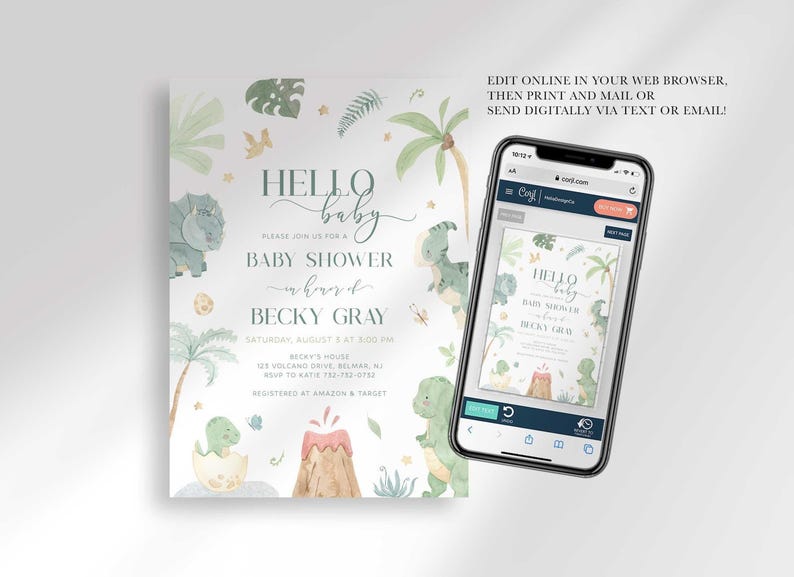 digital dinosaur shower invitation
