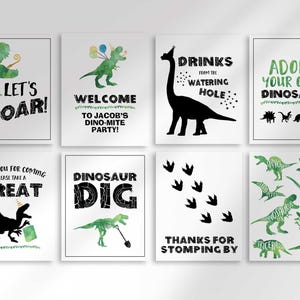 A grid displaying eight different printable dinosaur party signs with watercolor dinosaur illustrations and text.