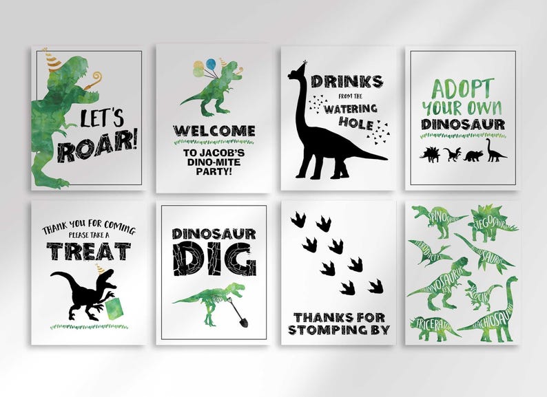 A grid displaying eight different printable dinosaur party signs with watercolor dinosaur illustrations and text.