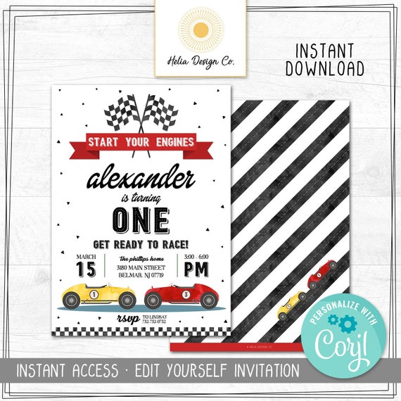 NEW! Edit Yourself Race Car Birthday Invitation | Edit at Corjl.com | Any Age | Instant Download | Printable Invitation | Vintage | Retro Il_570xn