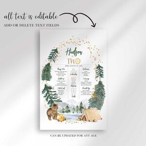 Graphic reading all text is editable, add or delete text fields, can be updated for any age, shown here as Hudson is TWO with different stats and favorites to demonstrate the sign's flexibility.