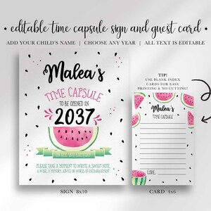 A time capsule birthday sign and matching guest card template with watermelon graphics and customizable text.
