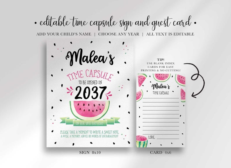 A time capsule birthday sign and matching guest card template with watermelon graphics and customizable text.