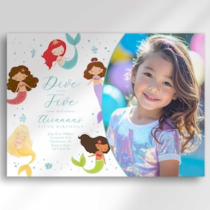 May include: A mermaid-themed birthday invitation with the text "Dive into Five" and "Arianna's Fifth Birthday." The invitation features illustrations of mermaids with various hair colors and mermaid tails. A young girl smiles on the right side of the invitation.