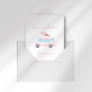 Savannah's 'I Scream, Four Ice Cream!' 4th birthday invitation shown tucked partway into its matching white envelope.