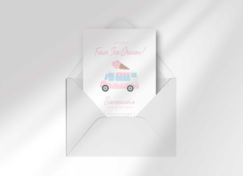 Savannah's 'I Scream, Four Ice Cream!' 4th birthday invitation shown tucked partway into its matching white envelope.