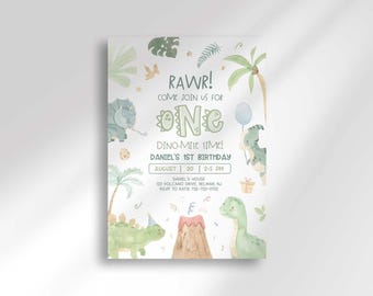 Dinosaur 1st Birthday Invitation, Jurassic One Party Invite (Digital Download)