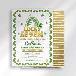 Styled mockup of the "Lucky Seven" invitation front layered over its gold and white striped card back, showing both sides of the printed design.