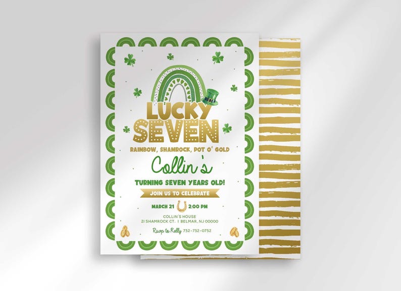 Styled mockup of the "Lucky Seven" invitation front layered over its gold and white striped card back, showing both sides of the printed design.
