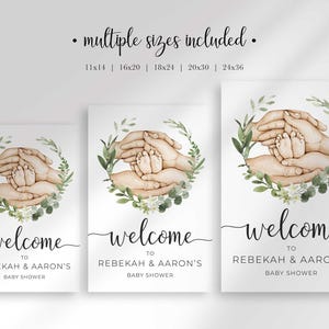 Graphic showing three sizes of the Welcome To Rebekah & Aaron's Baby Shower sign side by side, with text reading multiple sizes included, 11x14, 16x20, 18x24, 20x30, 24x36.