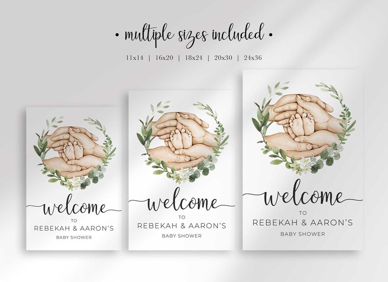 Graphic showing three sizes of the Welcome To Rebekah & Aaron's Baby Shower sign side by side, with text reading multiple sizes included, 11x14, 16x20, 18x24, 20x30, 24x36.