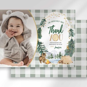 Jameson's camping-themed thank you photo card with the baby's photo mockup layered in front of a second card showing a sage green plaid back design.