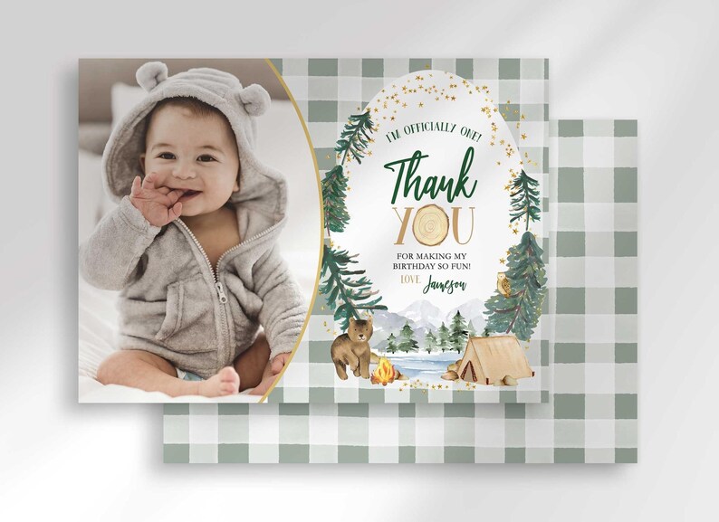 Jameson's camping-themed thank you photo card with the baby's photo mockup layered in front of a second card showing a sage green plaid back design.