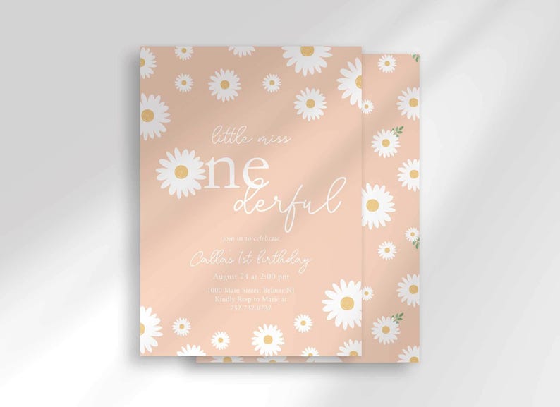 The 'Little Miss ONEderful' invitation for Callie with a second card showing the daisy pattern back design peeking out behind it.