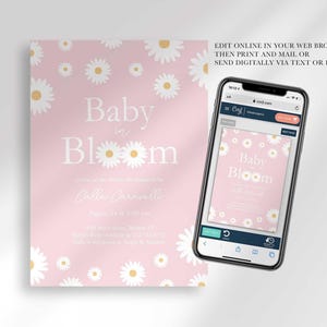 Graphic showing the invitation displayed on a smartphone, explaining that customers can edit it online in their web browser, then print and mail it or send it digitally via text or email.