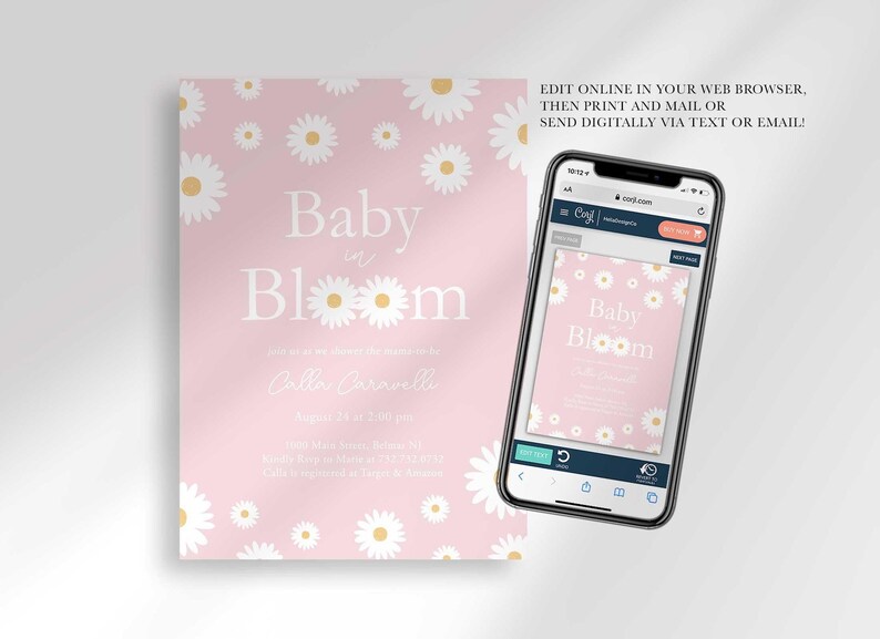 Graphic showing the invitation displayed on a smartphone, explaining that customers can edit it online in their web browser, then print and mail it or send it digitally via text or email.