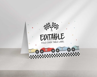 Etichette per tavoli di compleanno a tema auto da corsa, decorazioni per feste modificabili (download digitale)