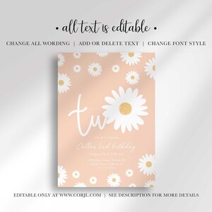 Graphic explaining that all text on the invitation is editable, with options to change wording, add or delete text, and change font style, noting it is editable only at Corjl.com.