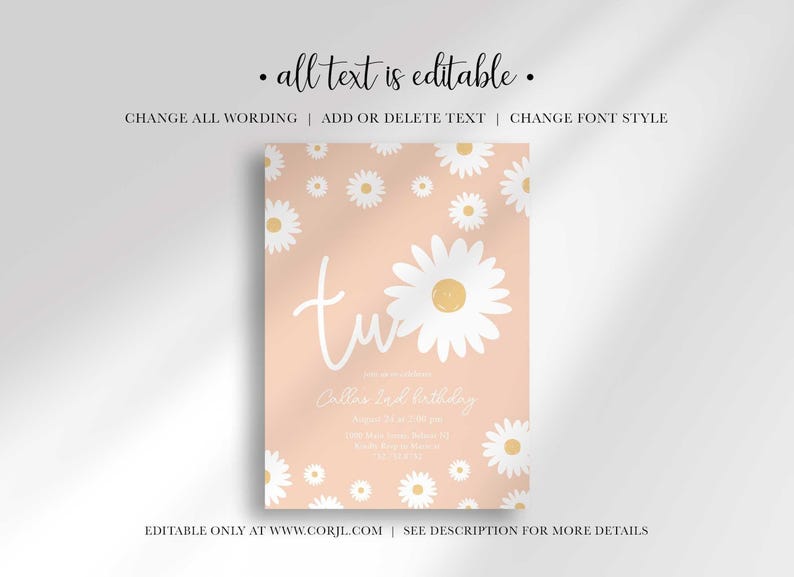 Graphic explaining that all text on the invitation is editable, with options to change wording, add or delete text, and change font style, noting it is editable only at Corjl.com.