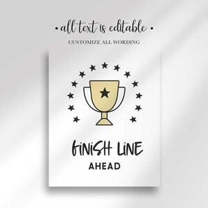 Finish Line Ahead sign illustrated with a gold trophy surrounded by stars, all text editable.