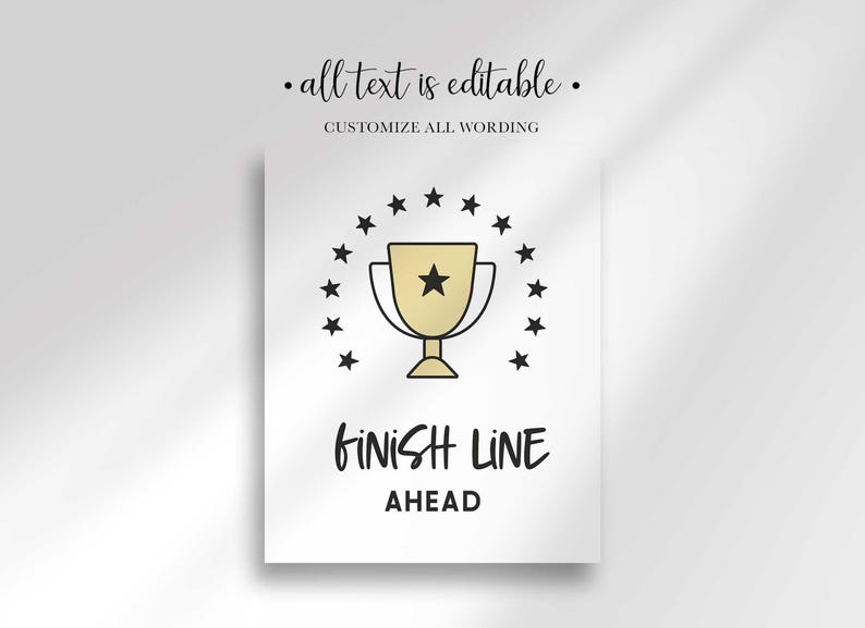 Finish Line Ahead sign illustrated with a gold trophy surrounded by stars, all text editable.
