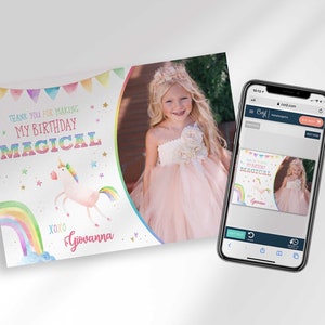 Rainbow Unicorn Birthday Thank You Card with Photo Edit Yourself Instant Digital Download image 5