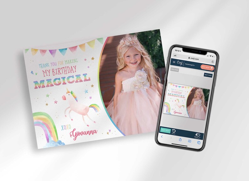 Rainbow Unicorn Birthday Thank You Card with Photo Edit Yourself Instant Digital Download image 5