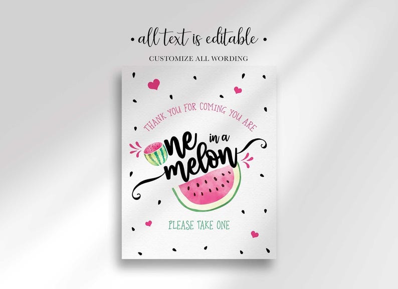 A party sign that reads You are One in a Melon with watermelon graphics, pink hearts, and black seeds.