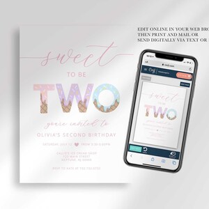 Graphic showing the invitation displayed on a smartphone, explaining that customers can edit it online in their web browser, then print and mail it or send it digitally via text or email.