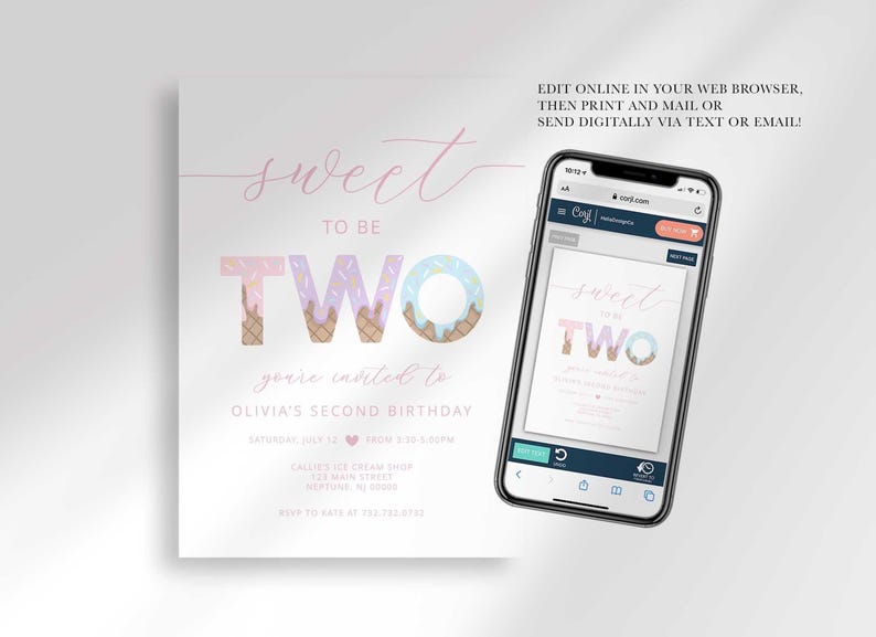 Graphic showing the invitation displayed on a smartphone, explaining that customers can edit it online in their web browser, then print and mail it or send it digitally via text or email.