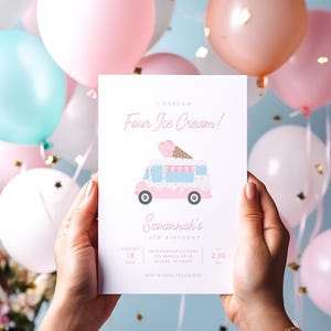 A pair of hands holding up Savannah's 'I Scream, Four Ice Cream!' 4th birthday invitation against a backdrop of pink, blue, and rose gold balloons with falling confetti.