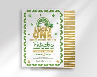 Lucky One St. Patricks Day 1st Birthday Invitation Template Editable Green Shamrock Party Design