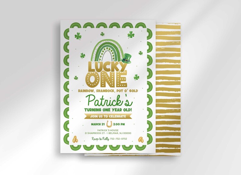Primary listing photo of a Lucky One St. Patrick's Day first birthday invitation, green shamrock border and gold rainbow illustration over a gold striped background, personalized text reading Patrick's Turning One Year Old with party date, time, and address details.