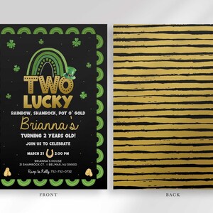 Front and back view of the Two Lucky birthday invitation, front showing party details and back showing a gold and black striped pattern.