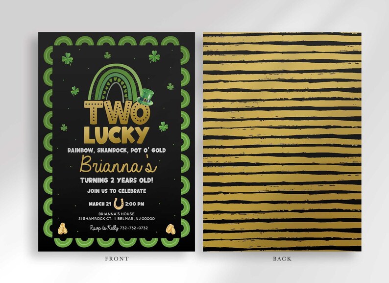 Front and back view of the Two Lucky birthday invitation, front showing party details and back showing a gold and black striped pattern.