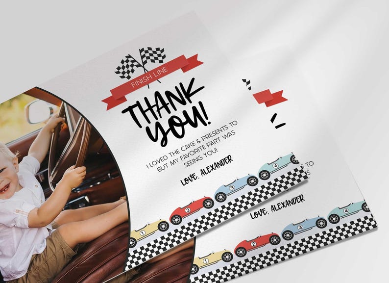 Angled close-up of Alexander's race car-themed thank you photo card with the boy's photo mockup, showing the checkered flags and colorful race cars with the thank you message.