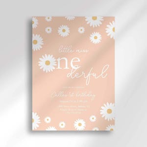 Daisy-themed first birthday invitation in blush pink with a white daisy pattern, reading 'Little Miss ONEderful' for Callie's 1st birthday, with the party date, time, and location.