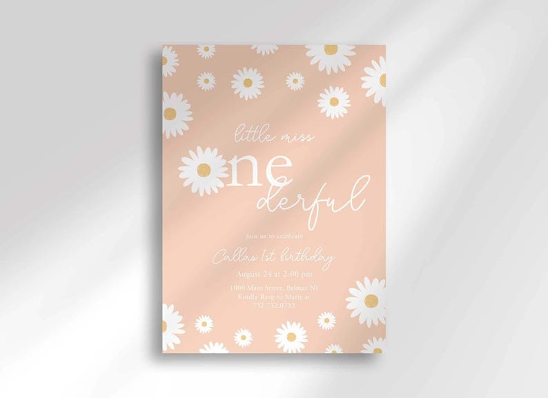 Daisy-themed first birthday invitation in blush pink with a white daisy pattern, reading 'Little Miss ONEderful' for Callie's 1st birthday, with the party date, time, and location.