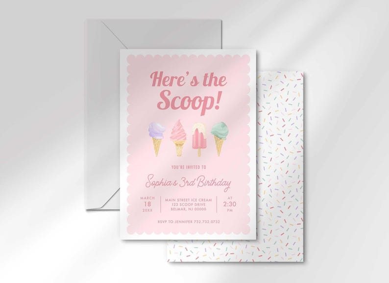 Invitation card angled in front of the matching colorful sprinkle-pattern back and a white envelope.