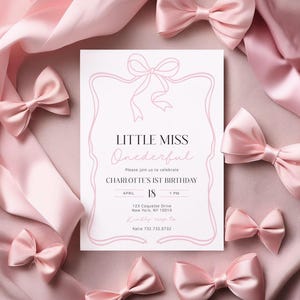 Little Miss Onederful Pink Bow Invitation Template Coquette First Birthday Girl Celebration Evite (Digital Download)