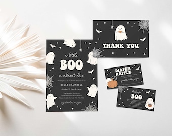 Zestaw zaproszeń na baby shower „Mała Boo już prawie na miejscu”, uroczy zestaw z motywem ducha na Halloween (cyfrowy)