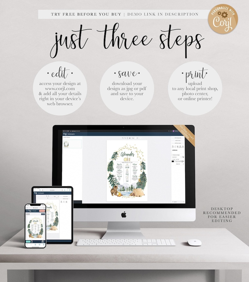 Just Three Steps graphic (edit at Corjl.com, save as jpg or pdf, print or upload to a print shop) with desktop, tablet, and phone mockups showing the Alexander is ONE sign open for editing.