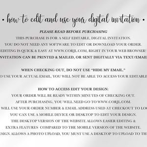 Instructional graphic titled How to Edit and Use Your Digital Invitation, explaining this is a self-editable digital design edited free at Corjl.com in a web browser using the order number and email from checkout, noting it can be printed and mailed or sent digitally via text or email, that a photo upload requires a desktop, and a warning not to use Hide My Email at checkout.